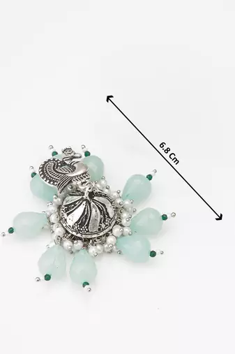 oxidized silver peacock jhumka earrings with mint green beads and pearl