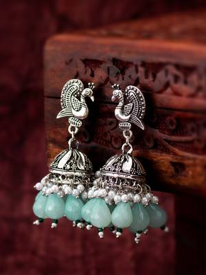 oxidized silver peacock jhumka earrings with mint green beads and pearl 4