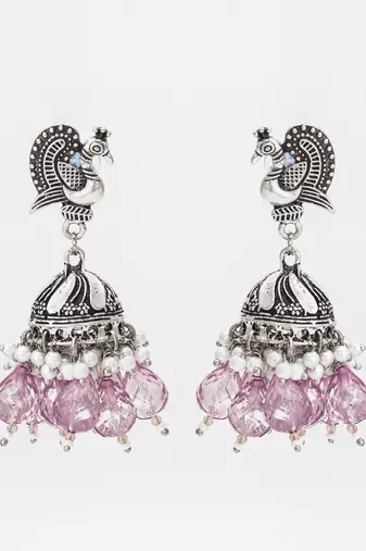 oxidized silver peacock jhumka earrings
