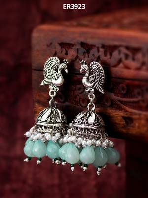 oxidized silver peacock jhumka earrings with mint green beads and pearl 5