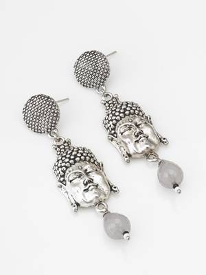 oxidized silver buddha face drop earrings with grey stone pendant 1