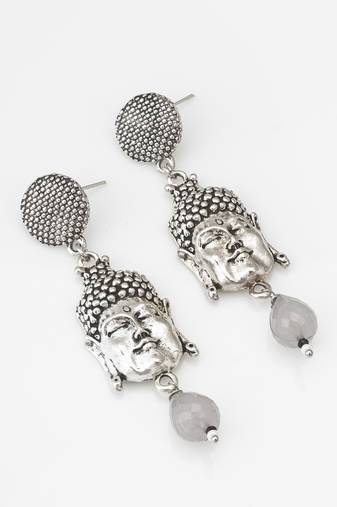 oxidized silver buddha face drop earrings with grey stone pendant