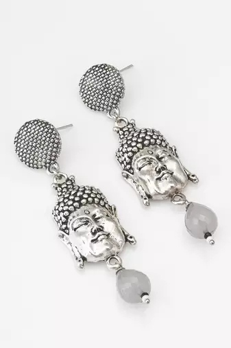 oxidized silver buddha face drop earrings with grey stone pendant