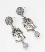 oxidized silver buddha face drop earrings with grey stone pendant