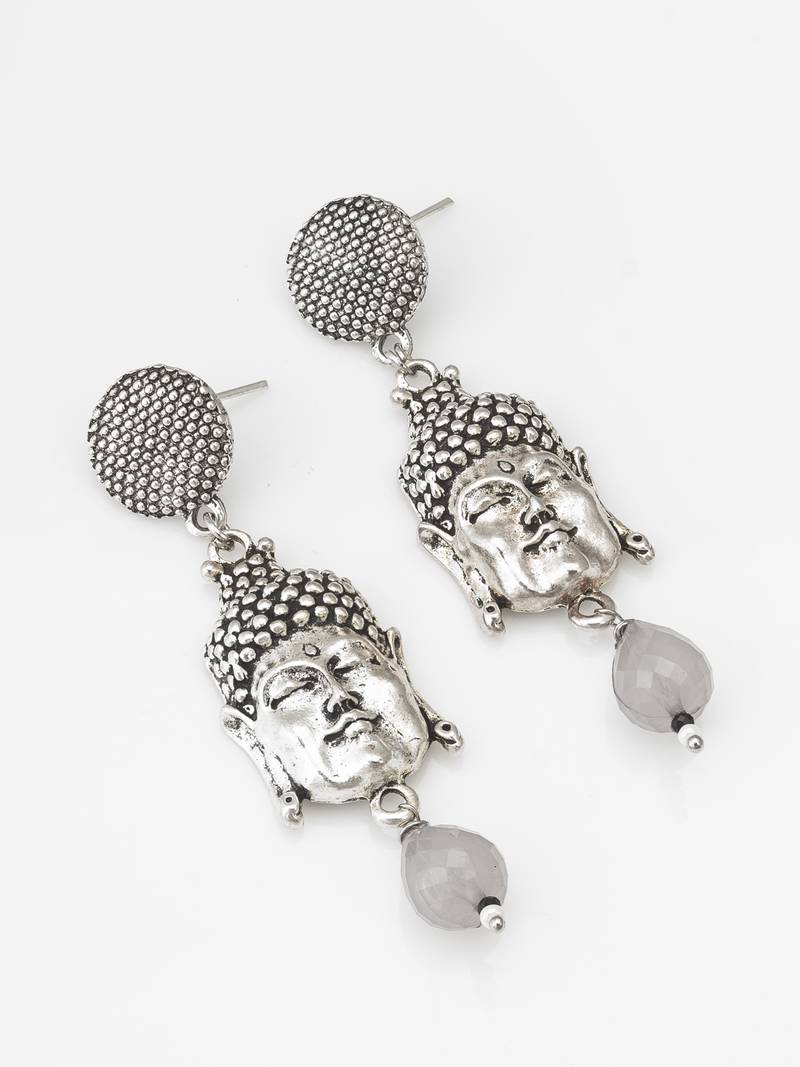 oxidized silver buddha face drop earrings with grey stone pendant