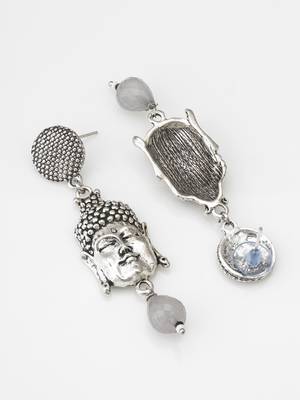 oxidized silver buddha face drop earrings with grey stone pendant 2