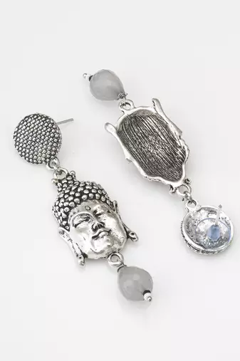 oxidized silver buddha face drop earrings with grey stone pendant