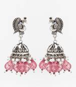 oxidized silver peacock jhumka earrings with pink crystal beads