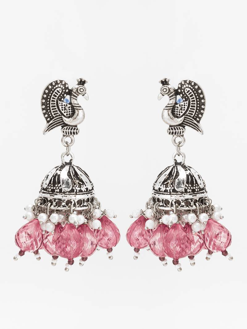 oxidized silver peacock jhumka earrings with pink crystal beads