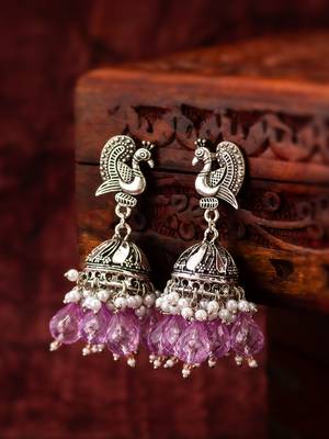 oxidized silver peacock jhumka earrings 4