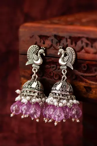 oxidized silver peacock jhumka earrings