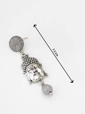 oxidized silver buddha face drop earrings with grey stone pendant 3