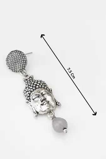 oxidized silver buddha face drop earrings with grey stone pendant