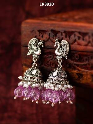 oxidized silver peacock jhumka earrings 5