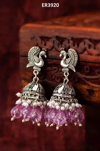 oxidized silver peacock jhumka earrings