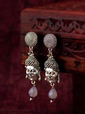 oxidized silver buddha face drop earrings with grey stone pendant 4
