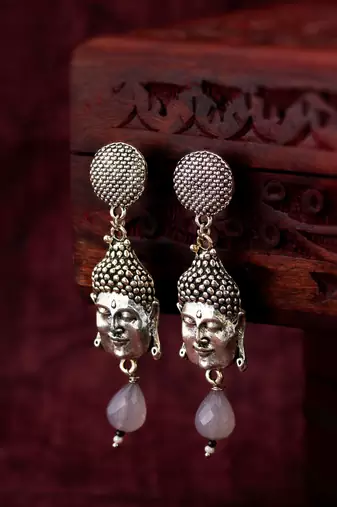 oxidized silver buddha face drop earrings with grey stone pendant