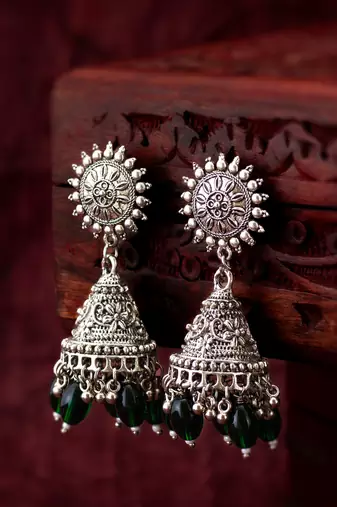 oxidized silver jhumka earrings with beads