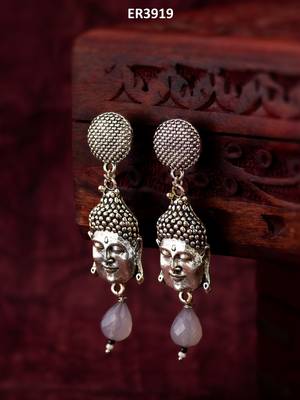 oxidized silver buddha face drop earrings with grey stone pendant 5