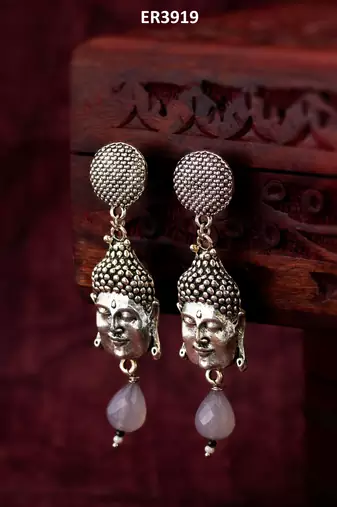 oxidized silver buddha face drop earrings with grey stone pendant