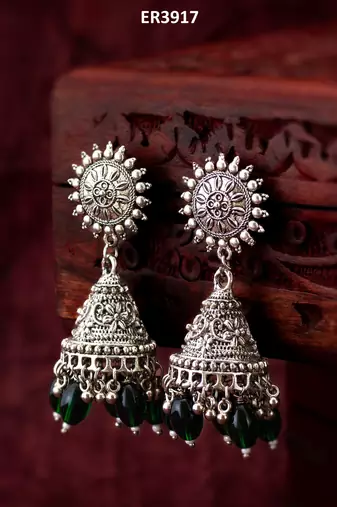 oxidized silver jhumka earrings with beads