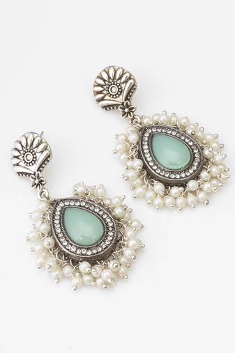 oxidized silver earrings with mint stone and pearl cluster