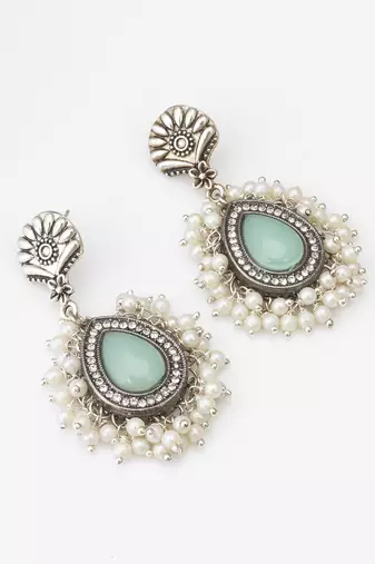 oxidized silver earrings with mint stone and pearl cluster