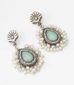 oxidized silver earrings with mint stone and pearl cluster