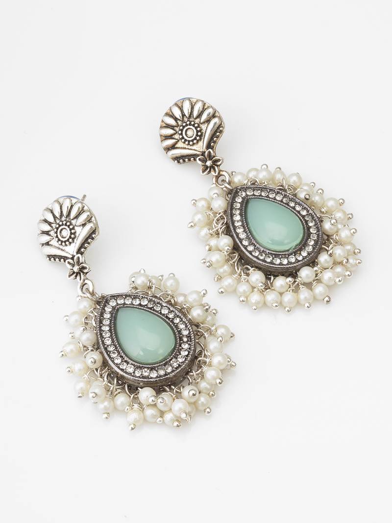 oxidized silver earrings with mint stone and pearl cluster