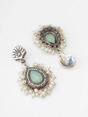 oxidized silver earrings with mint stone and pearl cluster 2