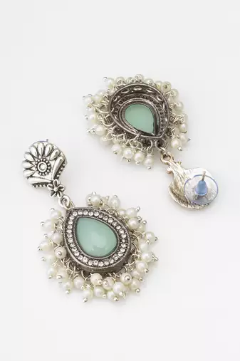 oxidized silver earrings with mint stone and pearl cluster