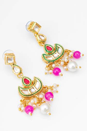 gold-tone kundan chandbali earrings with bead drops