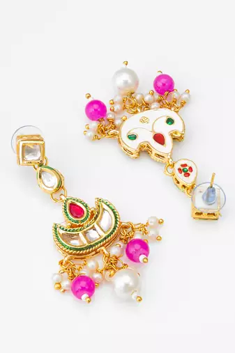 gold-tone kundan chandbali earrings with bead drops