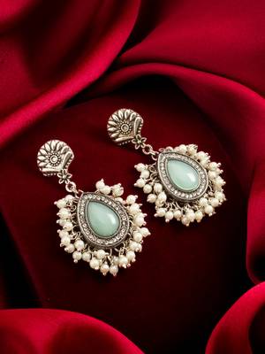 oxidized silver earrings with mint stone and pearl cluster 4