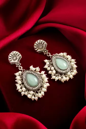 oxidized silver earrings with mint stone and pearl cluster