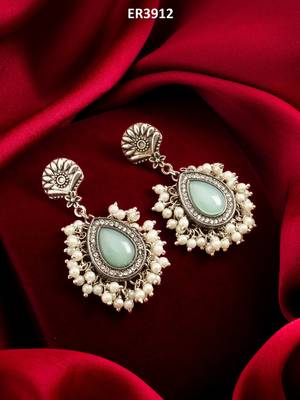 oxidized silver earrings with mint stone and pearl cluster 5