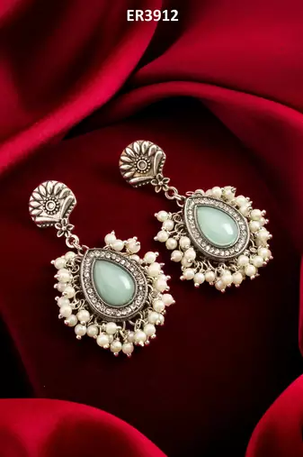 oxidized silver earrings with mint stone and pearl cluster