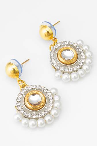 gold-tone kundan circular drop earrings with pearl border and crystal