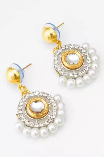 gold-tone kundan circular drop earrings with pearl border and crystal