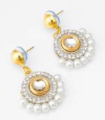 gold-tone kundan circular drop earrings with pearl border and crystal