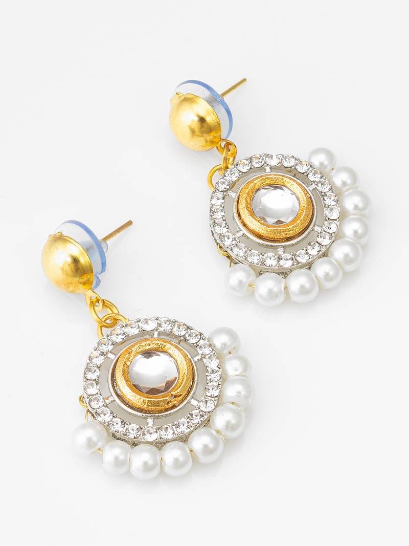 gold-tone kundan circular drop earrings with pearl border and crystal
