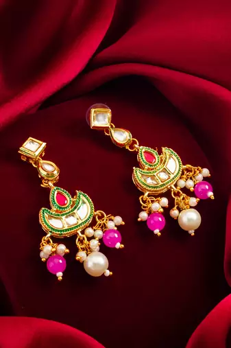 gold-tone kundan chandbali earrings with bead drops