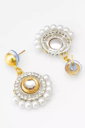 gold-tone kundan circular drop earrings with pearl border and crystal