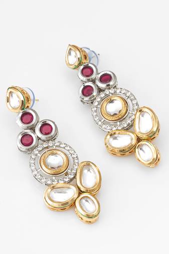 dual-tone ruby red and kundan studded traditional dangler earrings