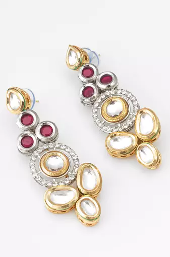 dual-tone ruby red and kundan studded traditional dangler earrings