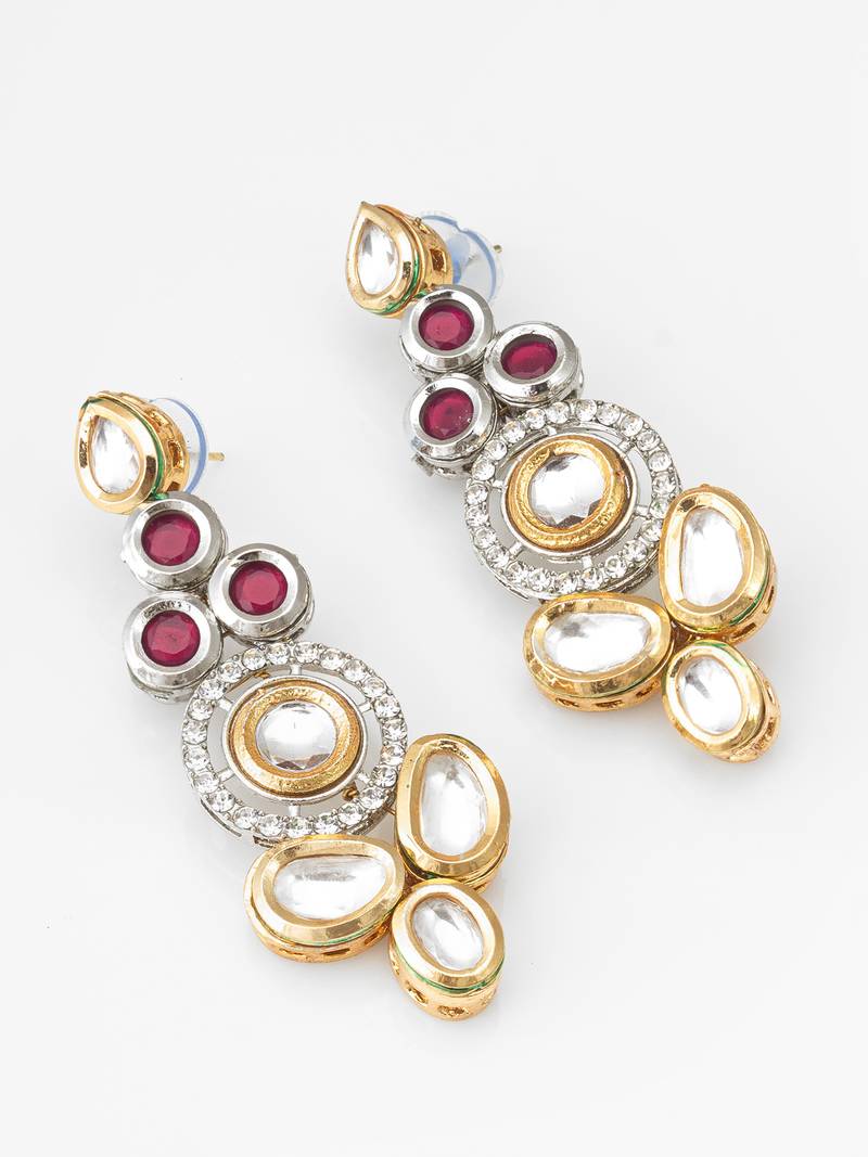 dual-tone ruby red and kundan studded traditional dangler earrings