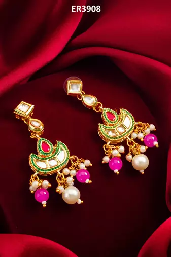 gold-tone kundan chandbali earrings with bead drops