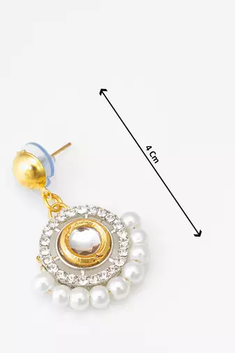 gold-tone kundan circular drop earrings with pearl border and crystal