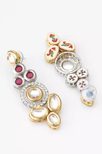 dual-tone ruby red and kundan studded traditional dangler earrings