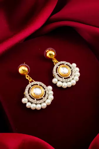 gold-tone kundan circular drop earrings with pearl border and crystal